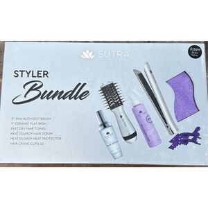 Sutra Styler Bundle - Mini Blowout Brush, Ceramic Flat Iron, Hair Serum, Heat Pr